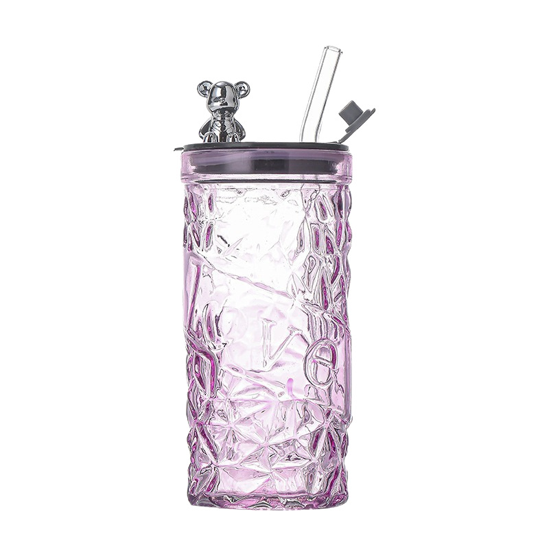 Portable Glass Water Cup na may Bear Lid at Straw
